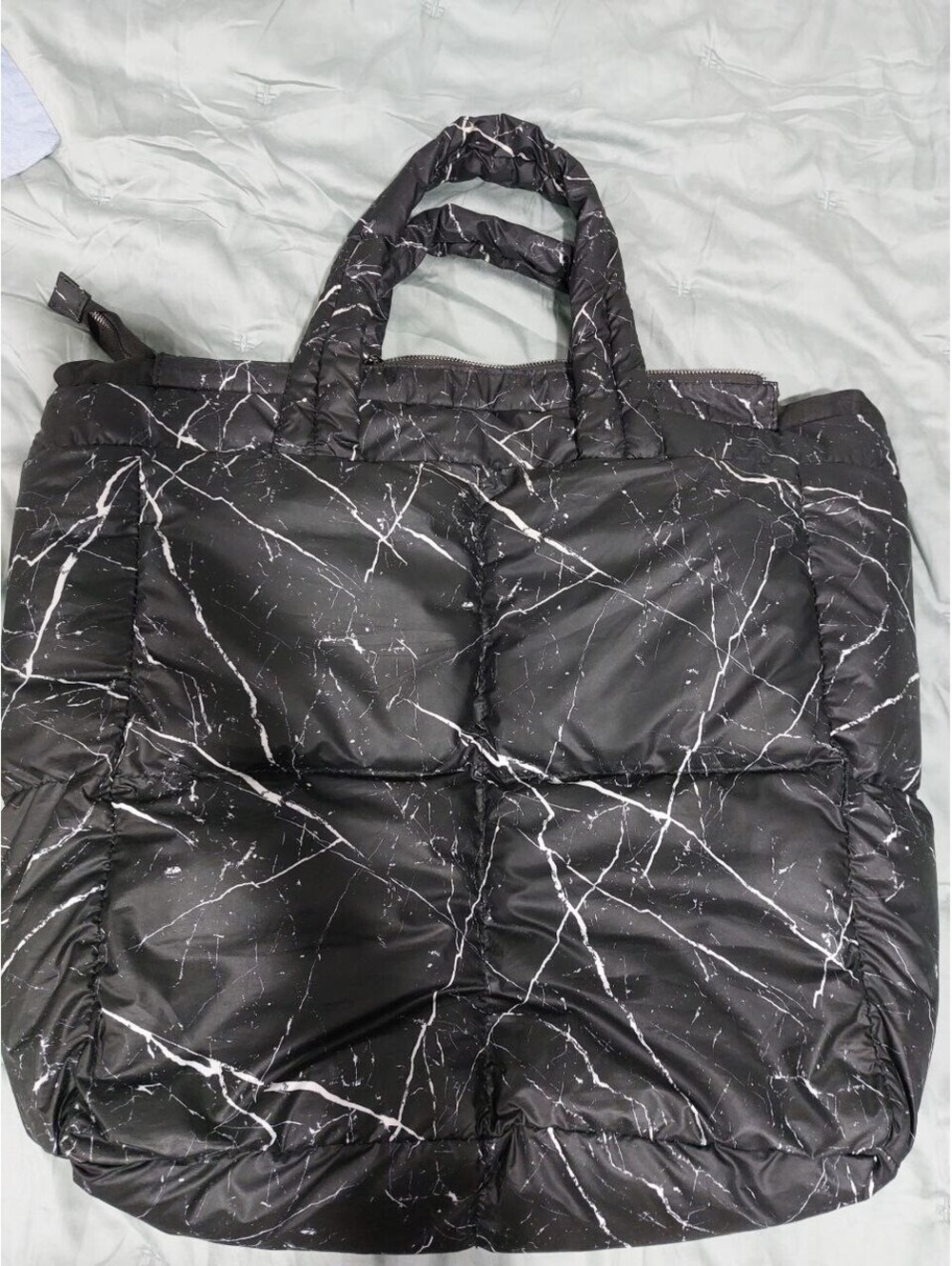 Like Dreams Black Puffer Tote Bag Large Quilted Puffy Shoulder Bag Marble Print